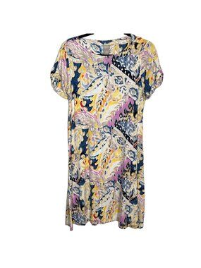Chicos Paisley Dress Size 0 Small Blue Yellow Short Sleeve Stretch